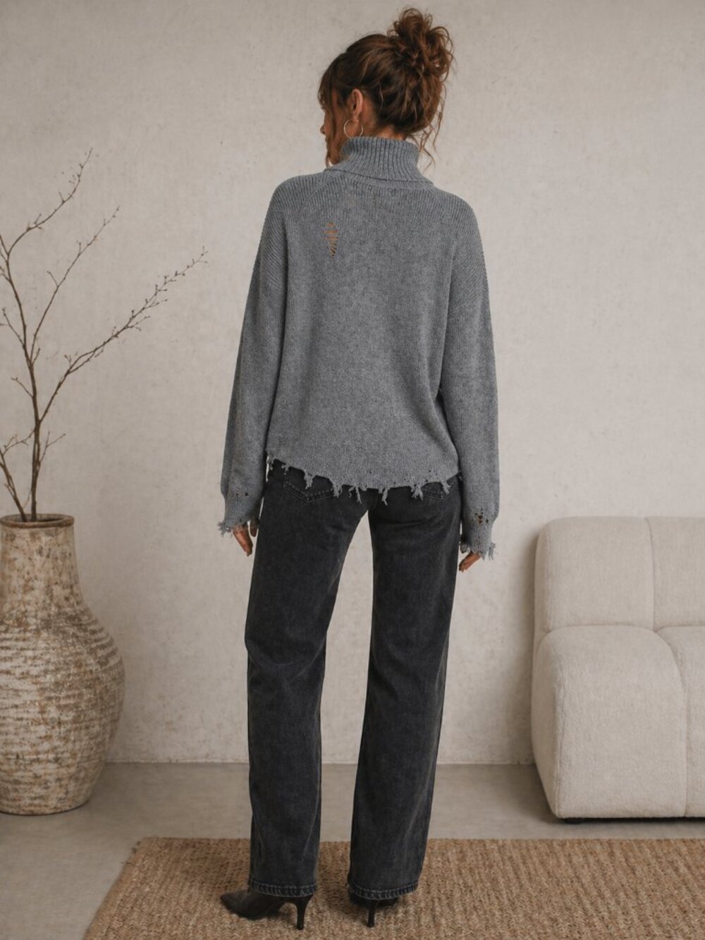 Lovers + Friends Arlington Sweater Gray Distressed One-Shoulder Cutout Size S - Picture 2 of 5